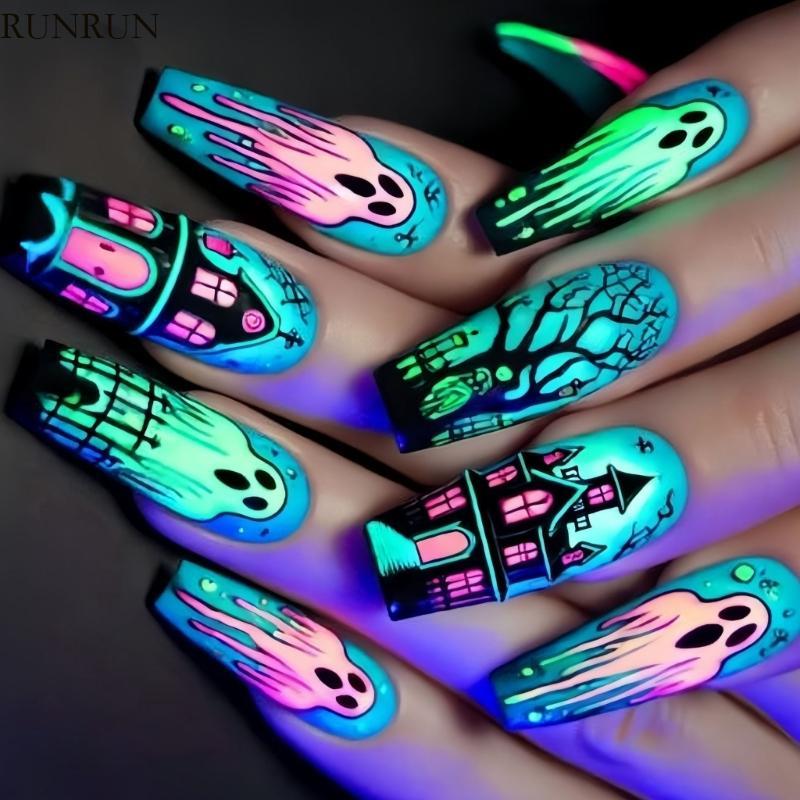 RUN Easy Apply เล็บปลอมฮาโลวีน 24 ชิ้น Blue Spiders Ghosted Design 24 ชิ้น