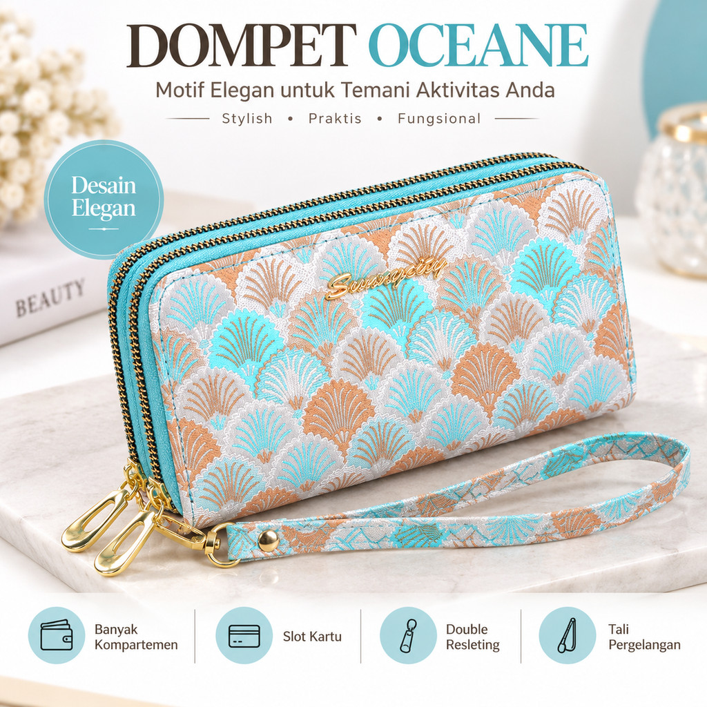 Oceane Womens Long Wallet with Elegant Card Motif WA1319B2 และสายคล้องคอซิปคู่