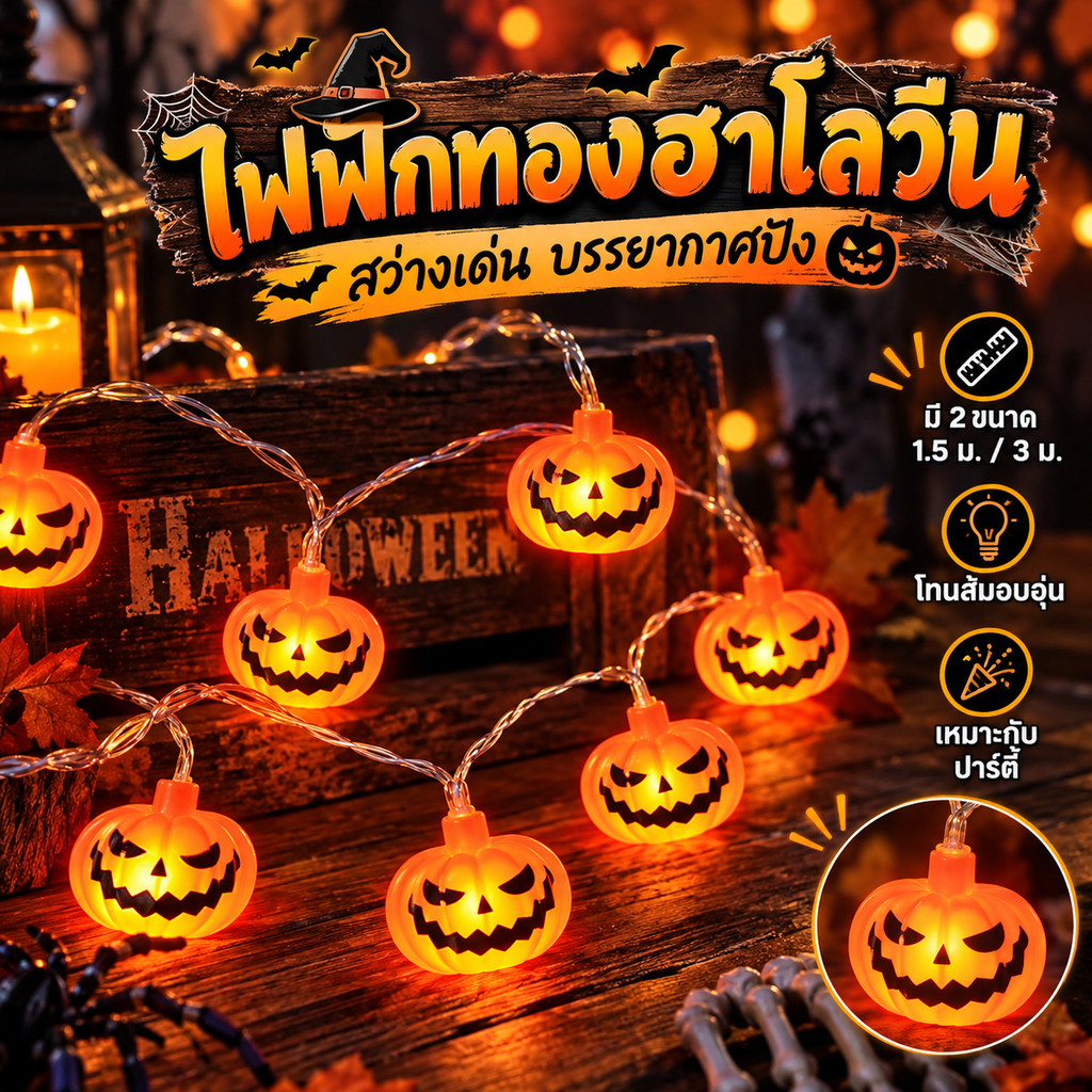🎃✨ไฟฟักทองสตริง ไฟสายไฟผี ตกแต่งวันฮาโลวีน 1.5เมตร10แสง ไฟ LED โดยรอบ ขับเคลื่อนด้วยแบตเตอรี่ กันน้ำ