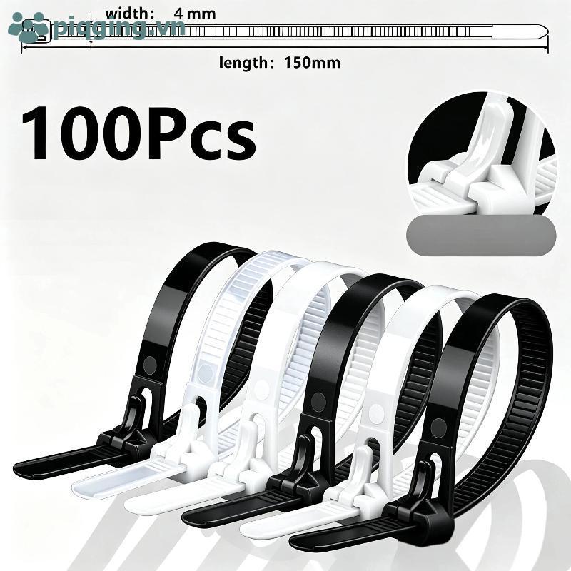 Piqging 100 ชิ้นนํากลับมาใช้ใหม่สีดําสีขาวหัวเข็มขัดซิปผูกสายล็อคสายรัด VN