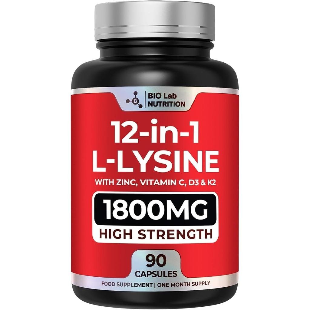 L-Lysine 1800mg ความแข็งแรงสูง - คอมเพล็กซ์ 12-in-1 พร้อมสังกะสี, วิตามินซี, D3 & K2 - บาล์มเลมอน, ใ