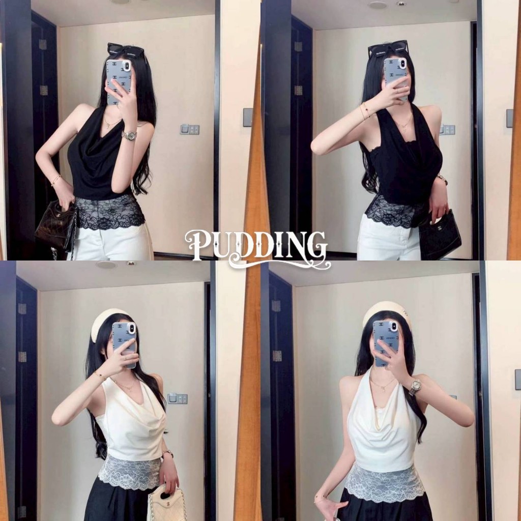 PUDDING พร้อมส่ง เสื้อคล้องคอ สีพื้นผ้านุ่มนิ่ม ดีเทลแต่งลูกไม้ มีฟองน้ำในตัว "FY5593