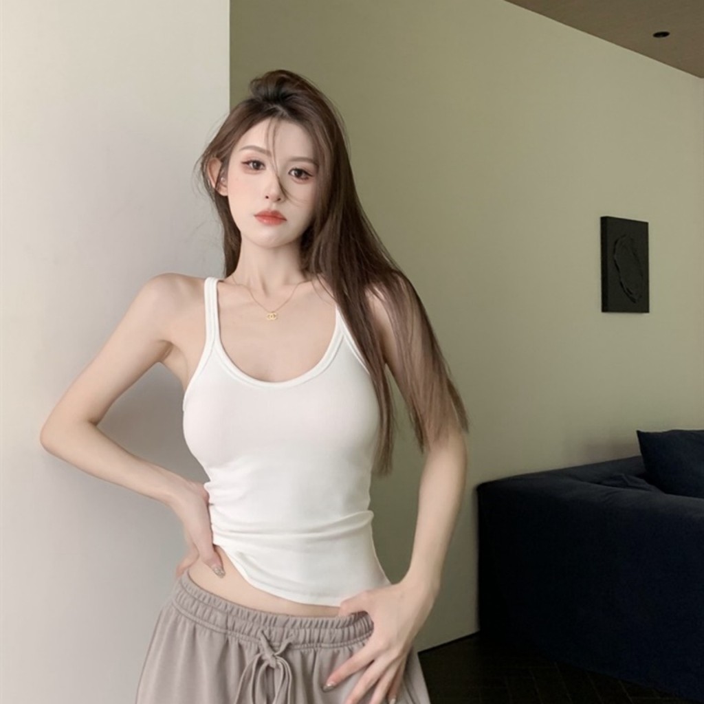 Hotgirl พร้อมส่ง เสื้อกล้าม เสื้อแขนกุดผู้หญิง ผ้ายืดแฟชั่น สีทึบคอยู สายเดี่ยวน่ารัก รุ่นใหม่ล่าสุด เซ็กซี่ สไตล์เกาหลี - รูปที่ 4