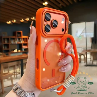 เคส iPhone17 Orange lanyard liquid lens holder magnetic เคสโทรศัพท์ iPhone17 Pro Max 16 15 14 13 12 เคสสําหรับ iPhone เคสซิลิโคน soft shell TPU กันกระแทก
