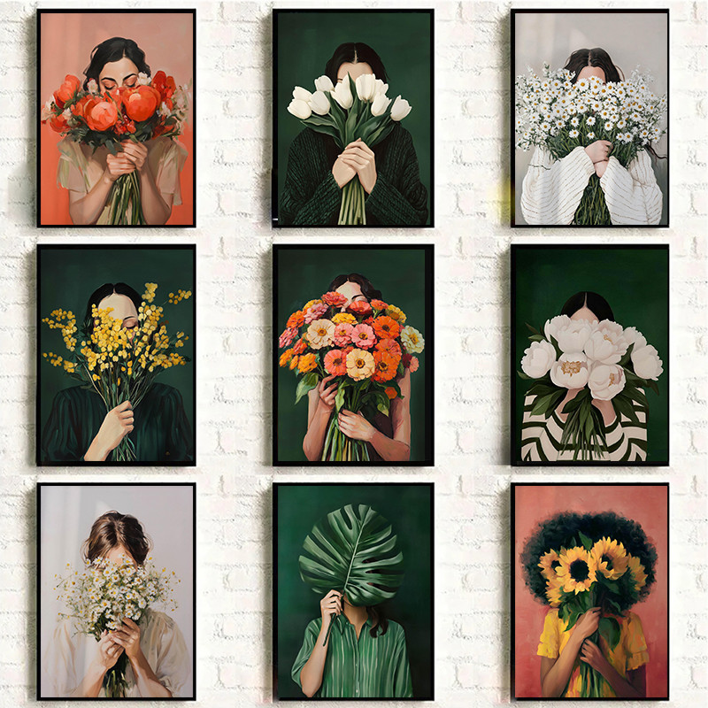 ผ้าใบ Wall Art ผู้หญิงดอกไม้ภาพภาพวาดพิมพ์สําหรับห้องนอน Nordic สาวตกแต่งบ้านบทคัดย่อ Minimalism โปสเตอร์