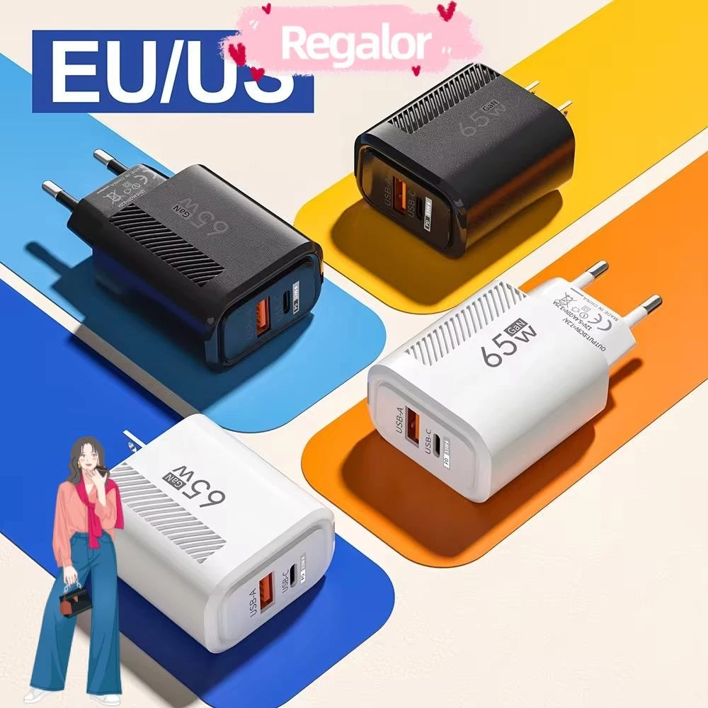 REGALOR อะแดปเตอร์ชาร์จโทรศัพท์, USB A+C ชาร์จเร็ว 65W GaN ปลั๊กชาร์จ, อุปกรณ์เสริม EU/US PD Type C USB C Charger สําหรับ //