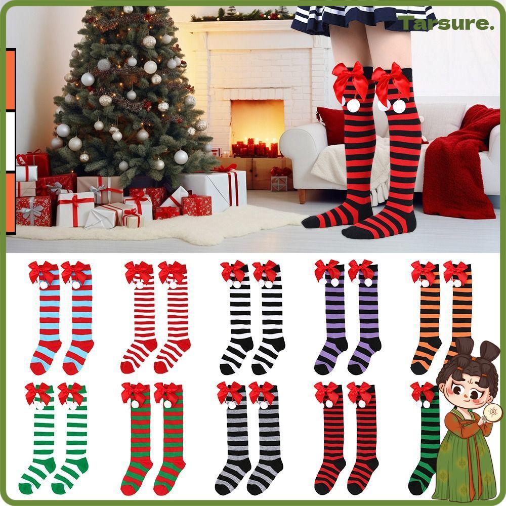 TARSURETH Christmas Stocking, Stripe Anti Friction Christmas Socks, Bow Hair Ball โพลีเอสเตอร์ถุงเท้