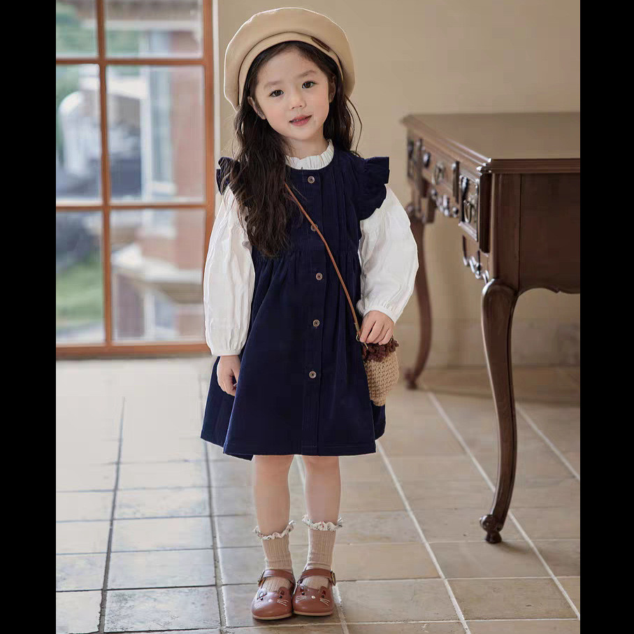 สาวฤดูใบไม้ผลิฤดูใบไม้ร่วงชุดกระโปรงเวอร์ชั่นเกาหลีเด็กสไตล์ใหม่สไตล์ตะวันตกชุดเด็กสาวเสื้อแขนยาวสองชิ้นสไตล์ฤดูใบไม้ร่