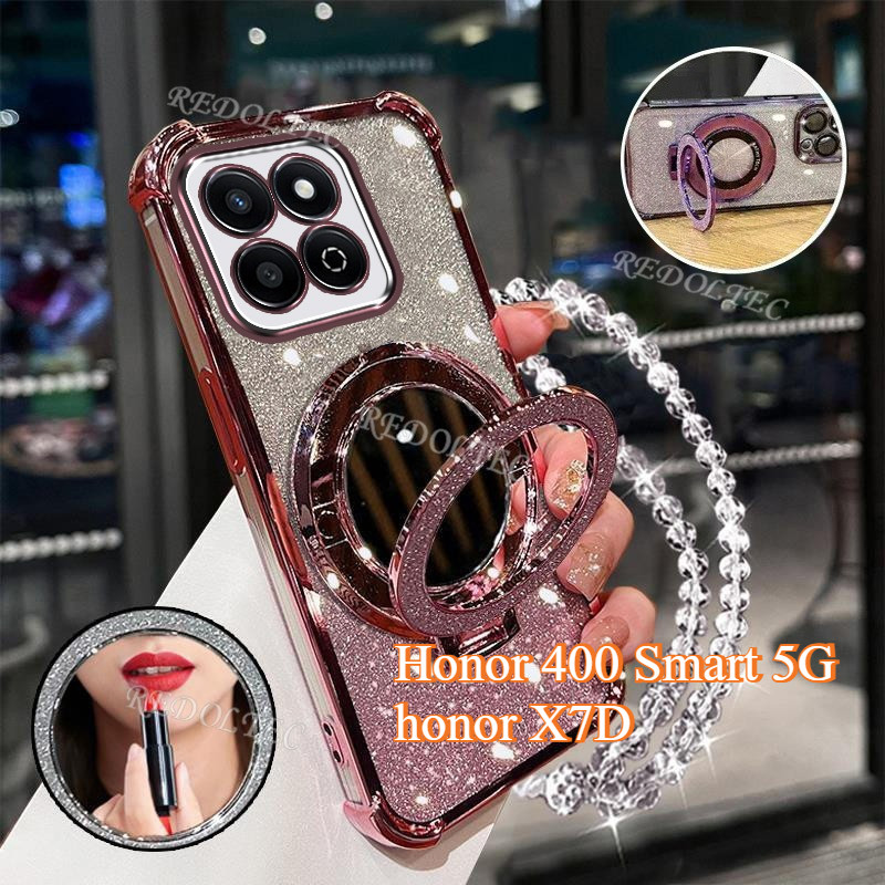 สําหรับ Honor 400 สมาร์ท X7D 5G 4G ใหม่ Gradient Glitter ปลอกกระจกแต่งหน้าขาตั้งแม่เหล็กสําหรับ Honor X7D 400Smart เลนส์พร้อมวงเล็บเชือกเส้นเล็กกันกระแทก