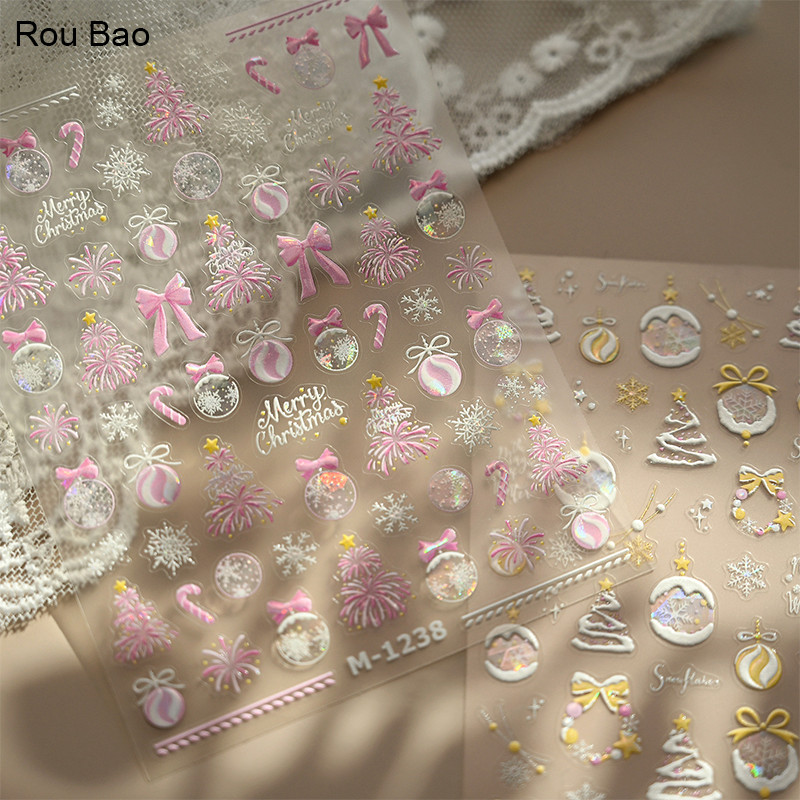 Rou Bao M-1238/M-1242 5D เล็บนูนสติกเกอร์สีชมพูทองคริสต์มาสบางโปร่งใสกลับกาวเล็บตกแต่งศิลปะ