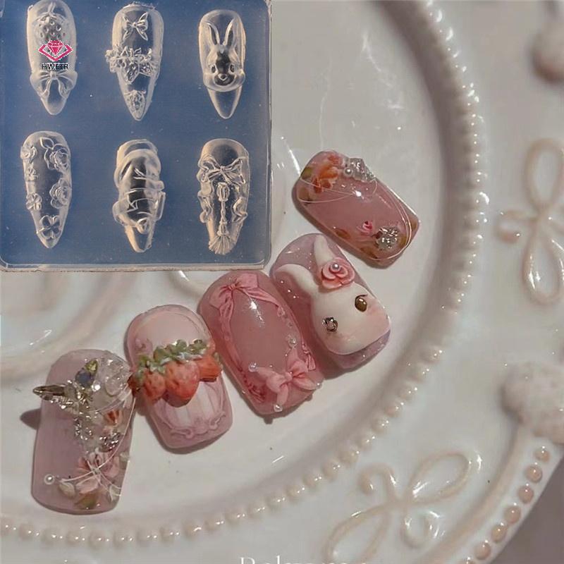 HWETR 1 ชิ้นลูกไม้โบว์สตรอเบอร์รี่ 3D แม่พิมพ์ซิลิโคน DIY ตกแต่งเล็บการ์ตูนกระต่ายดอกไม้โปร่งใสแม่พิมพ์เล็บออกแบบเครื่องมือใหม่