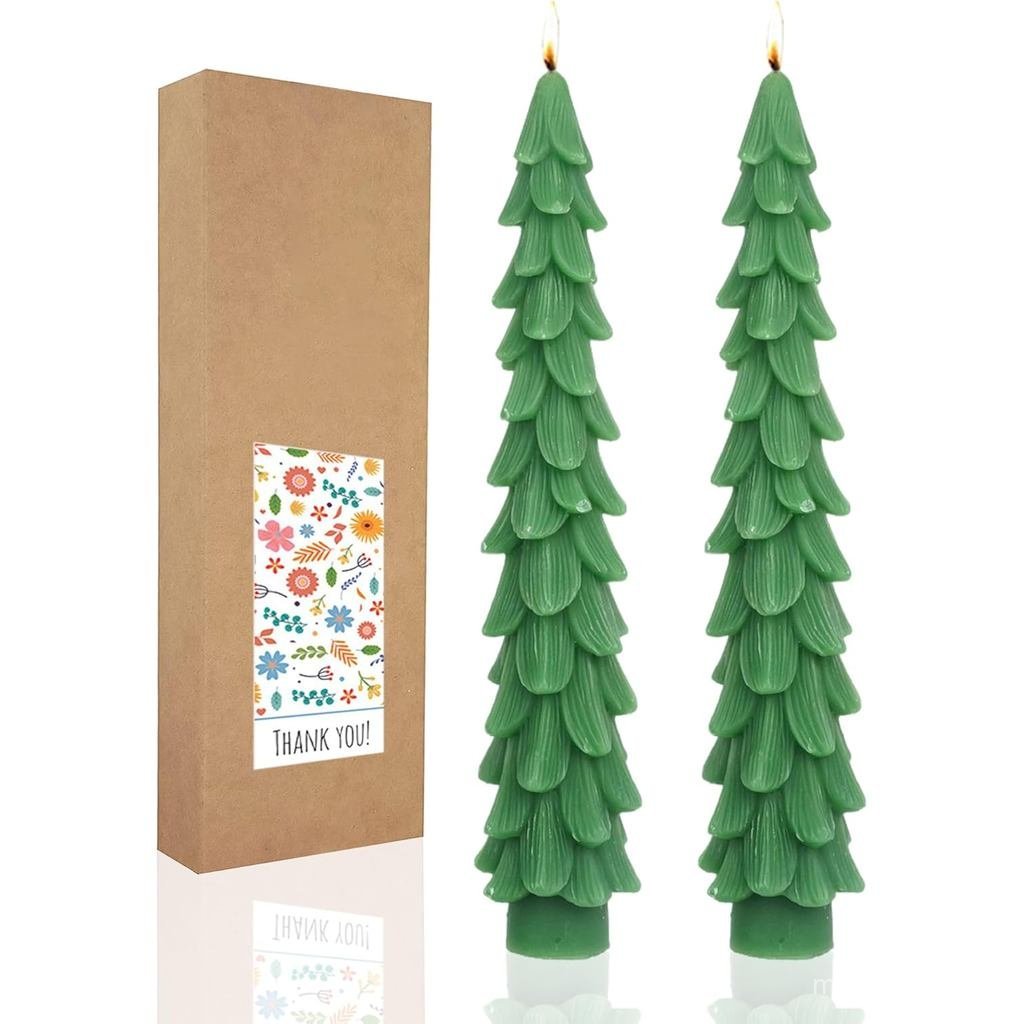 Christmas Tree Taper Candles Hunter Green Spruce Candles，Christmas Decor Decoration,Set ot 2,(Hunter