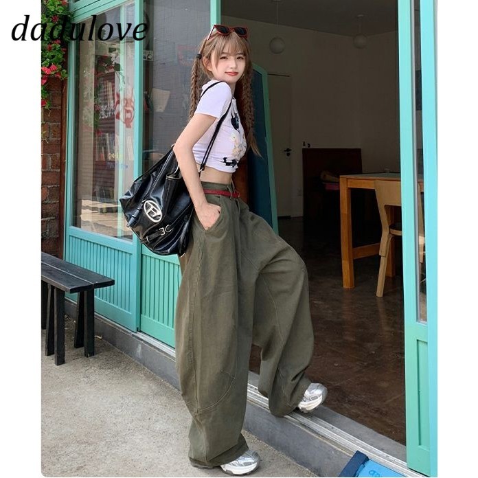DaDulove💕 Women's American Retro Army Green Wide-leg Jeans Large Size Trousers