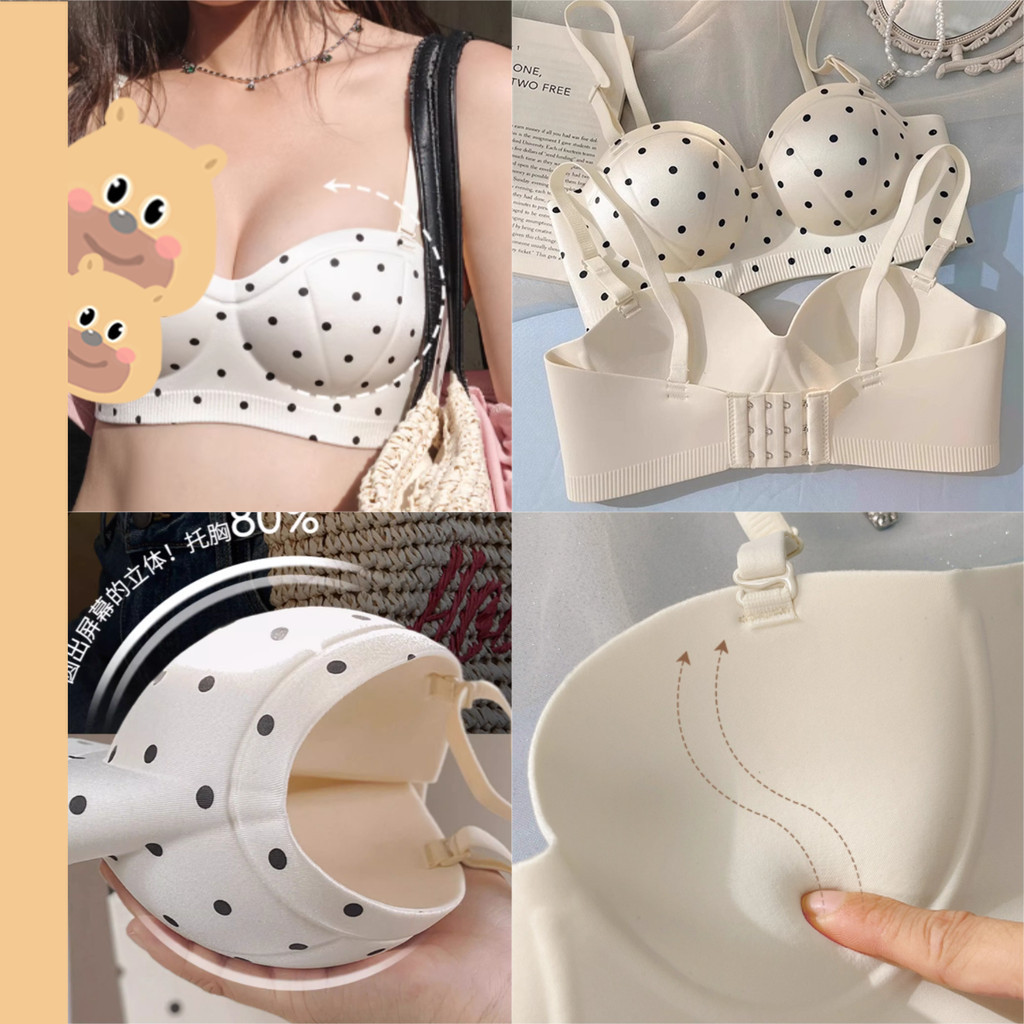🎀bearbra🎀พร้อมส่ง ชุดชั้นในครึ่งคัพรูปทรงสวยงาม พิมพ์ลายจุด สวมใส่สบายและไร้รอยต่อ ที่สามารถปรับได้ รวบรวมปรับเสื้อชั้นใน