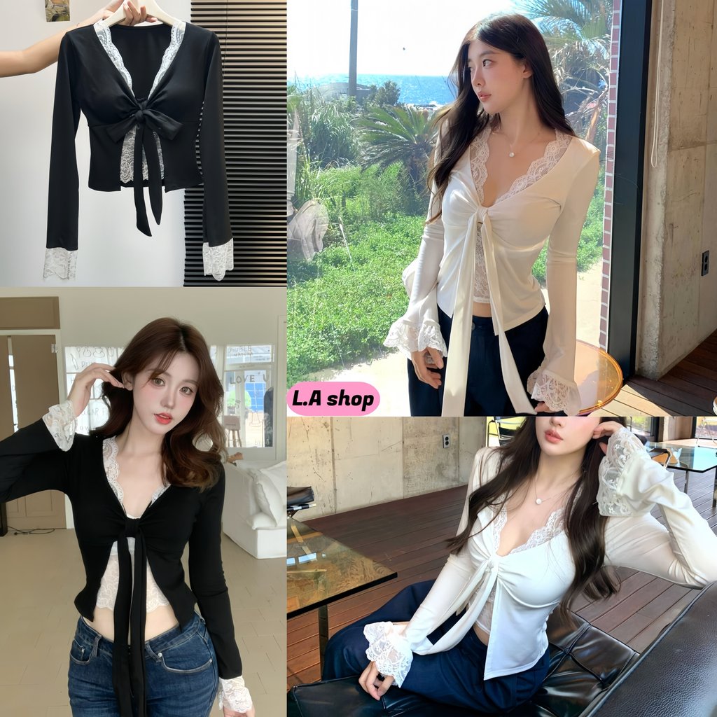 L.A Shop★เสื้อคุณภาพดี มินิมอล ดีเทลคอวี แต่งลูกไม้เสริมฟองน้ำในตัว ทรงรัดพอดี "FY5595"