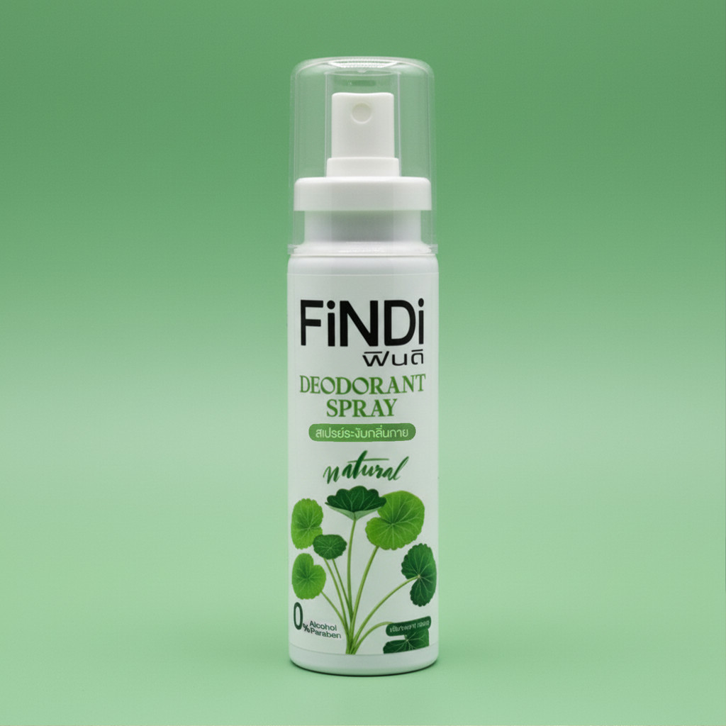 ฟินดิ สเปรย์ระงับกลิ่นกาย สารส้มสกัด ใบบัวบก และส่วนผสมจากธรรมชาติ 100 มล. FiNDi DEODORANT SPRAY 100