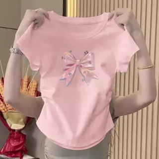แบรนด์เสื้อยืดลายโบว์สไตล์เกาหลีสำหรับสาวอวบ ต้อนรับซัมเมอร์ ไซส์ S-XL ครอบคลุมทุกสัดส่วน แขนสั้นสุดเก๋ เนื้อผ้าใส่สบายส