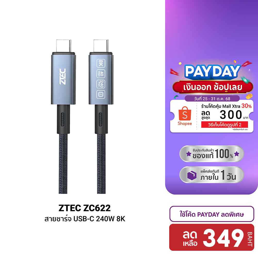 [ลดเหลือ 349] ZTEC ZC622 สายชาร์จไนลอนถัก 240W USB-C to USB-C Thunder 4 / 3 , USB4 รองรับการเชื่อมต่
