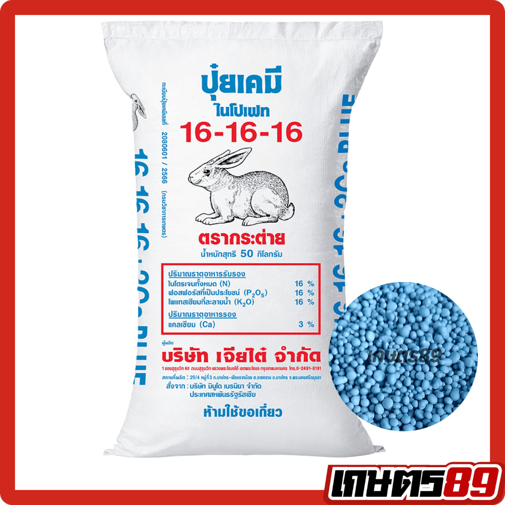 (ยกกระสอบ 50กก.) ปุ๋ยเคมี สูตรเสมอ 16-16-16บลู(เม็ดสีฟ้า) + แคลเซียม3% ตรากระต่าย ของแท้100% #พืชผัก #พืชสวน #พืชไร่