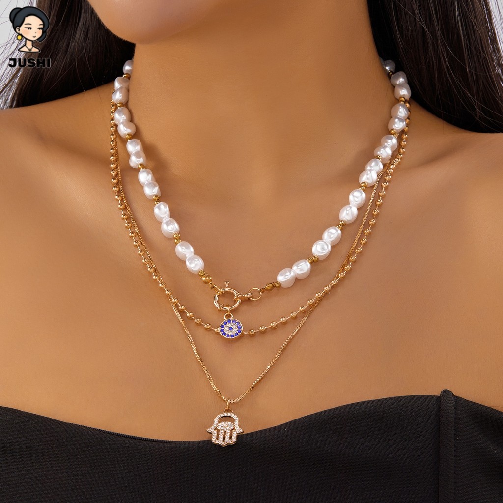 จี้สร้อยคอมุก statement 3 ชั้น Kristal Y2K เครื่องประดับแฟชันสำหรับผู้หญิง