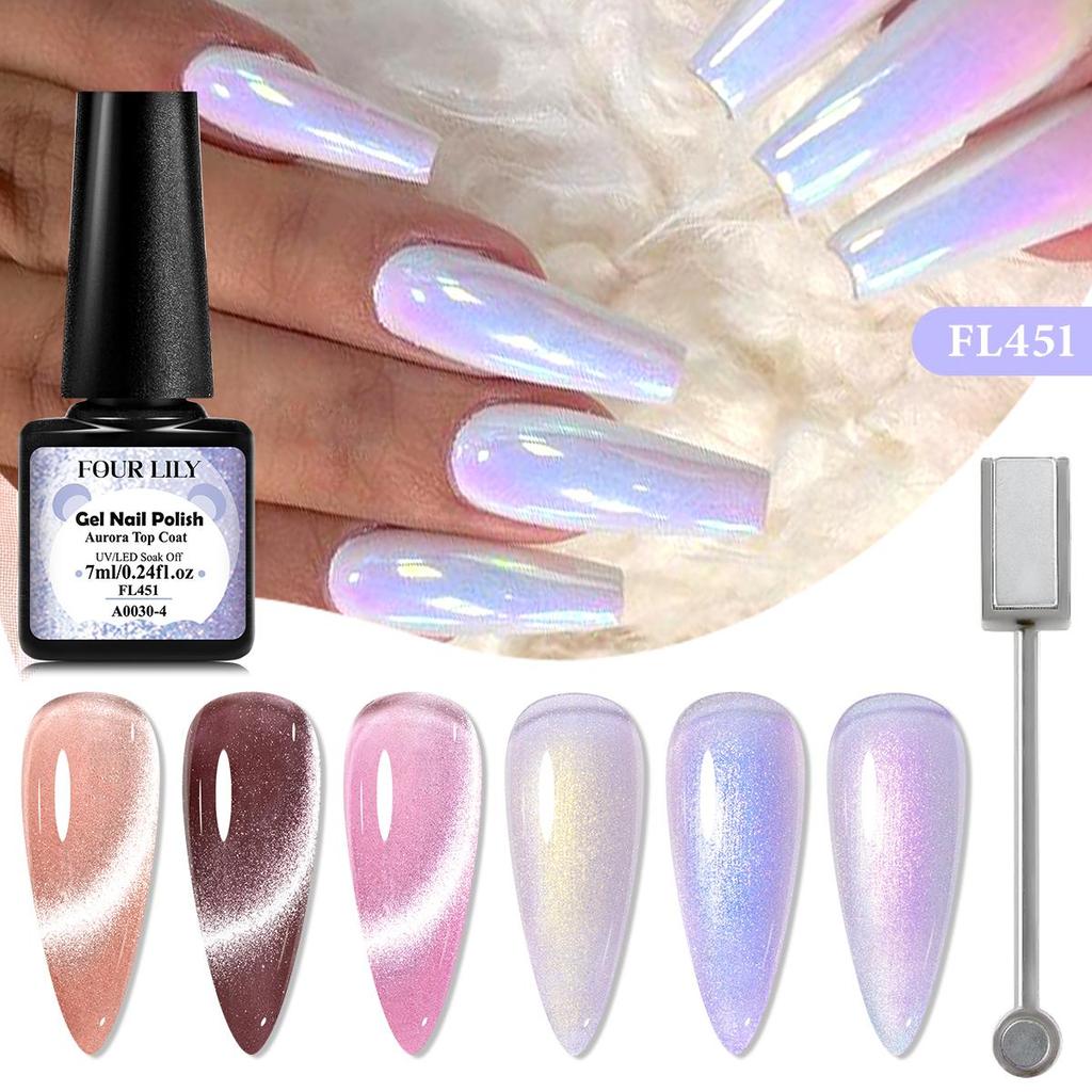FOUR LILY 7 ชิ้น/เซ็ต Aurora Gel ยาทาเล็บ Top Coat Nail Art Sparking Glitter เล็บเจลโปแลนด์ UV เจล