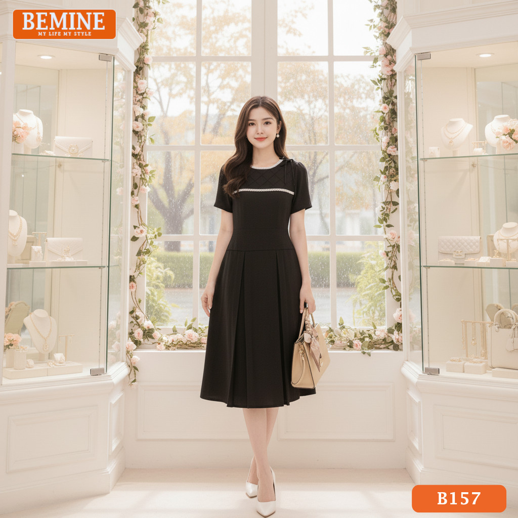 BEMINE ชุดเดรสดีไซน์คอกลมและโบว์ทรงเอ เหมาะสําหรับทํางาน-B157