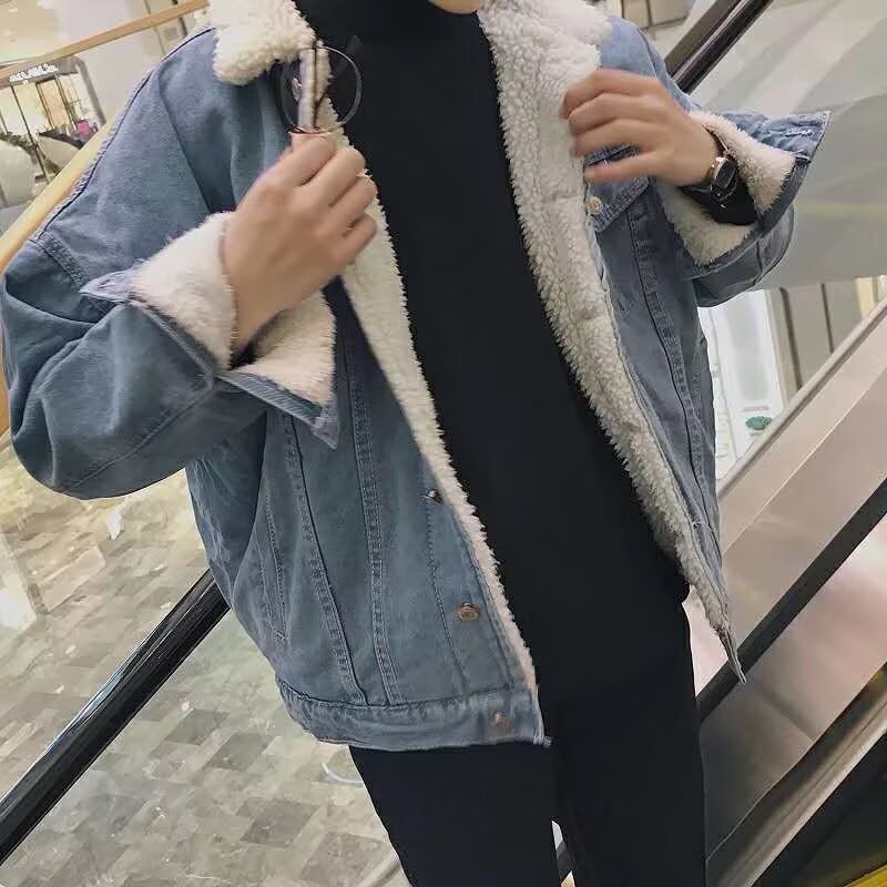 EERSHENSHI جاكيت جينز أمريكي بياقة فرو — صورة 7