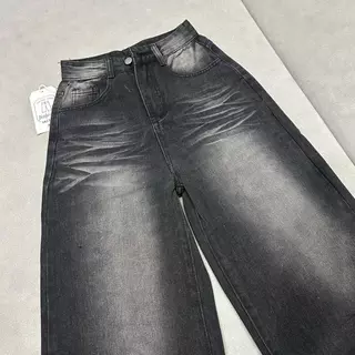 #3423 (XS-9XL) jinjeans กางเกงยีนส์ทรงกระบอกใหญ่สีดำฟอก baggy jeans เอวสูง