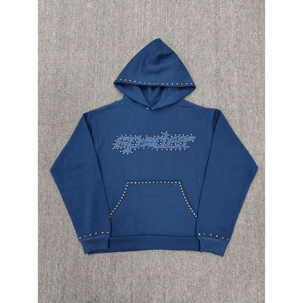 HWSO Sp5der hoodie High Board Rivet Letter V3 Deep Navy Blue Spider ขนแกะซับ hoodie เสื้อกันหนาวผู้ช