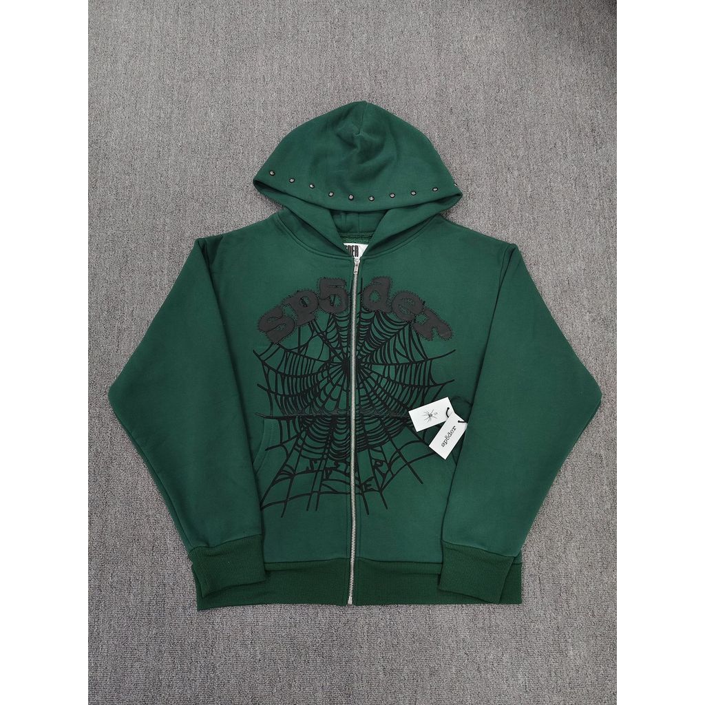 YRNC Sp5der 555555 Zip Up Hop Hoodie Classic Spider Web Zipper Pure Cotton Hooded Sweatshirt Jacket