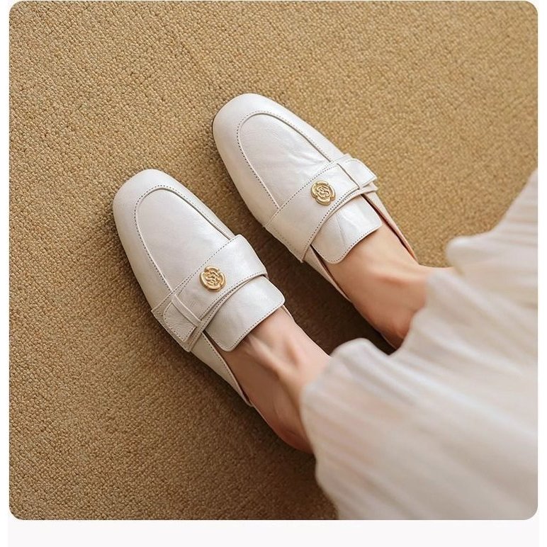 สุภาพสตรีรองเท้าส้นสูงรอบ Toe Deep Mouth Retro Casual Toe-Covered ส้นหนารองเท้าขี้เกียจขนาด 35-40