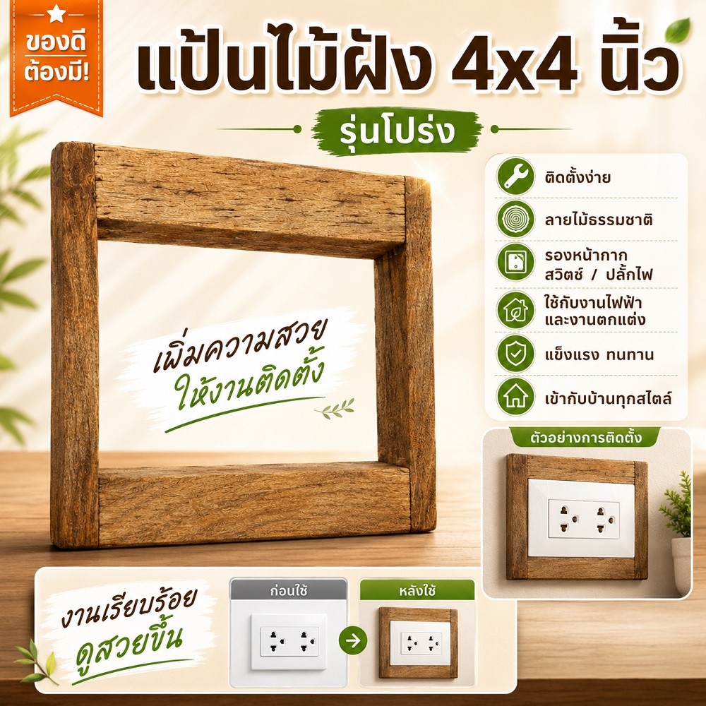 แป้นไม้ฝัง 4x4 นิ้ว รุ่นโปร่ง ใช้คู่กับฝา 4-6 ช่องได้ทุกยี่ห้อ กรอบไม้รองหน้ากากปลั๊กไฟ สวิตช์ไฟ ลายไม้ธรรมชาติ
