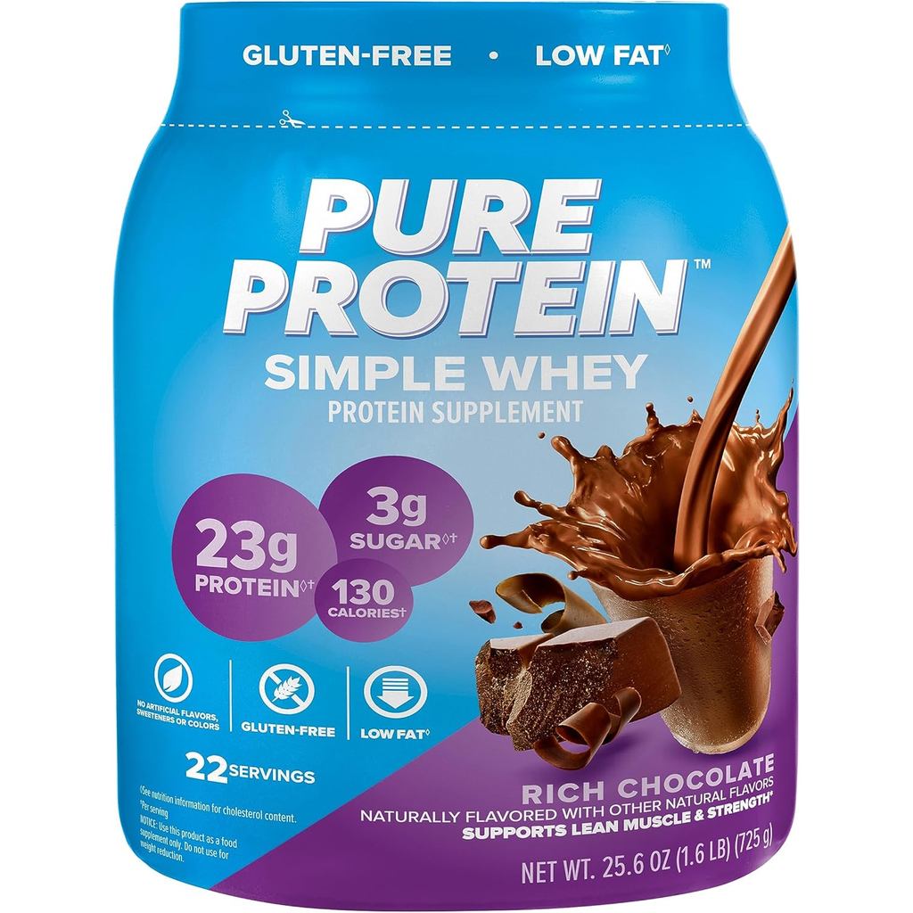 Pure Protein Simple Whey Protein Powder, ปราศจากกลูเตน, โปรตีน 23G, ช็อกโกแลตเข้มข้น, 1.6lbs 58BD