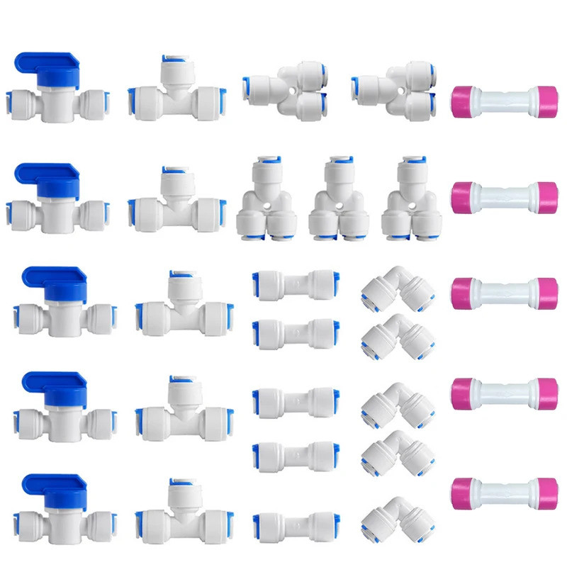 1/4 "OD Push In Quick Connect RO อุปกรณ์เครื่องกรองน้ํา - Straight Tee Elbow Ball Valve สําหรับระบบเครื่องฟอกอากาศ