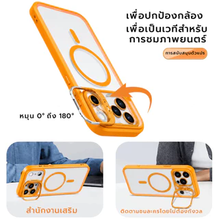 เคสใสขอบสี MagSafe iPhone 17 17 Air 17 Pro 17 Pro Max 16 15 14 13 12 11 กันกระแทก ขาตั้งแม่เหล็ก หมุนได้ 180° ขอบยกสูง ป้องกันหน้าจอและเลนส์ แถมฟิล์มเลนส์