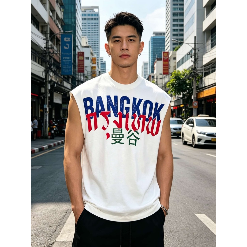 BANGKOK เสื้อกั๊กแขนกุดสีขาว ผ้าฝ้าย100% คอกลม แฟชันสตรีท มีบุคลิก สำหรับผู้ชายผู้หญิง ขนาด S-3XL