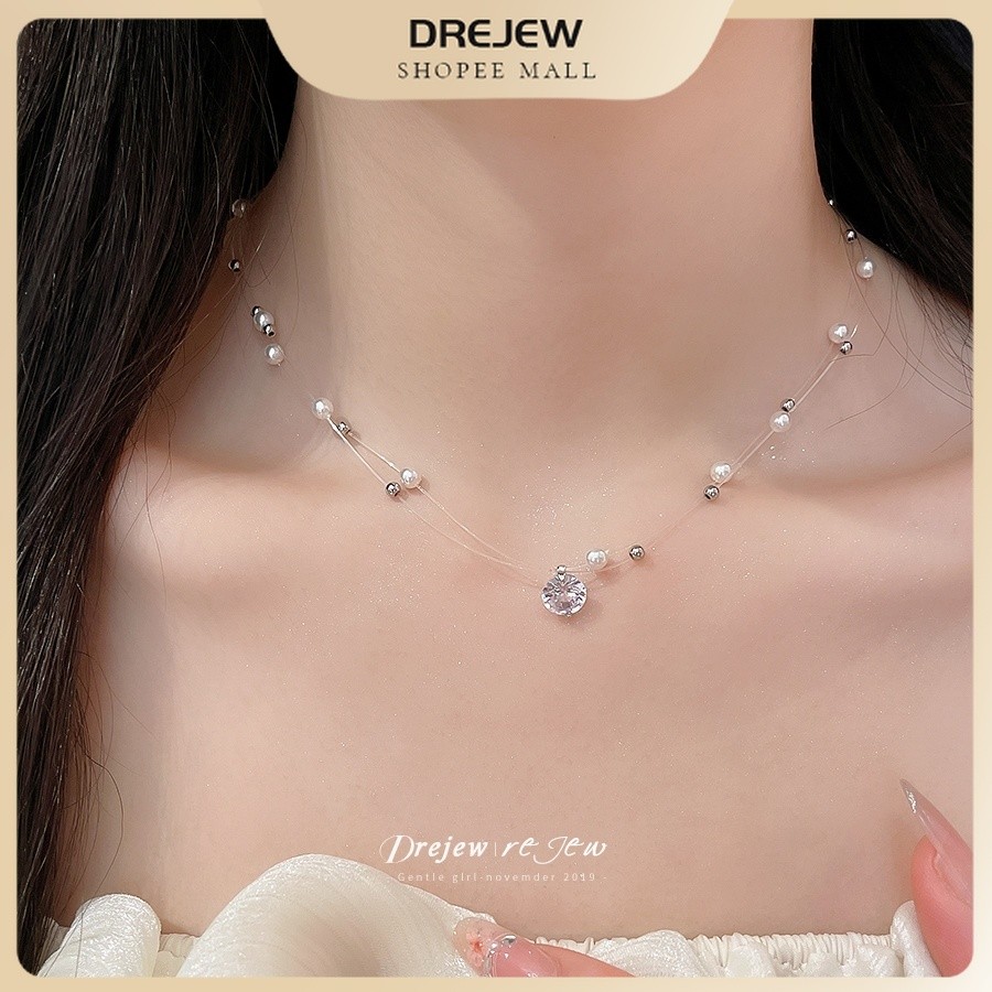 Dreejew ที่มองไม่เห็นสายตกปลาเลียนแบบ Pearl และ Zircon Choker สร้อยคอ Central Zircon จี้สําหรับทุกวั