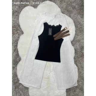พร้อมส่ง S-XL⚡️RM 9158 ชุดเซ็ตผู้หญิง เสื้อยืดสีดำแต่งลูกไม้+กางเกงขายาวสีขาวลายริ้ว #สไตล์สาวเวียด2026