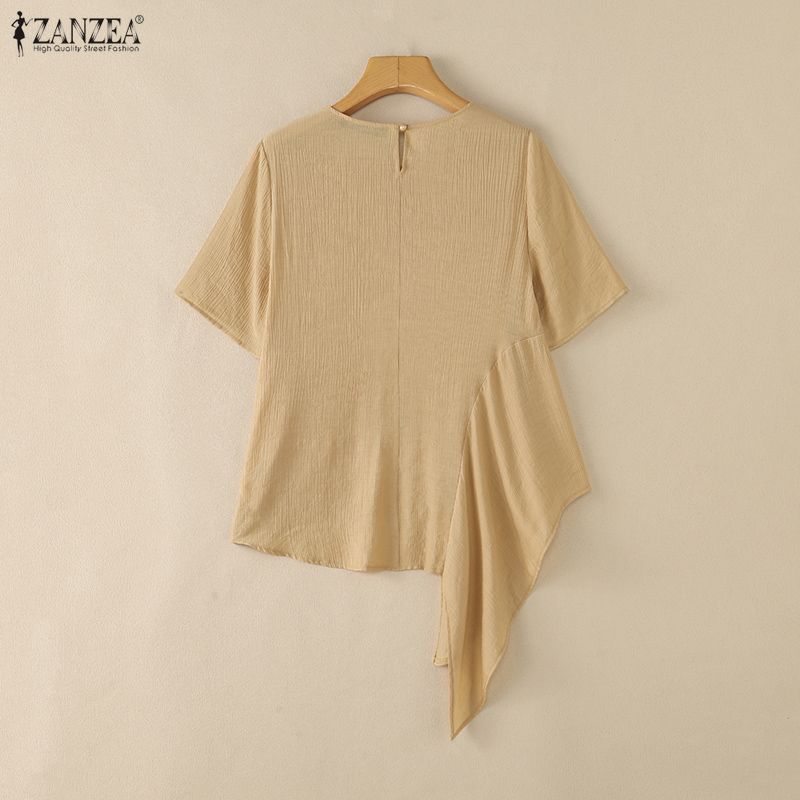 Zanzea ผู้หญิงเกาหลีลําลองไม่สม่ําเสมอ Hem หลวมรอบคอเสื้อแขนสั้น — صورة 8