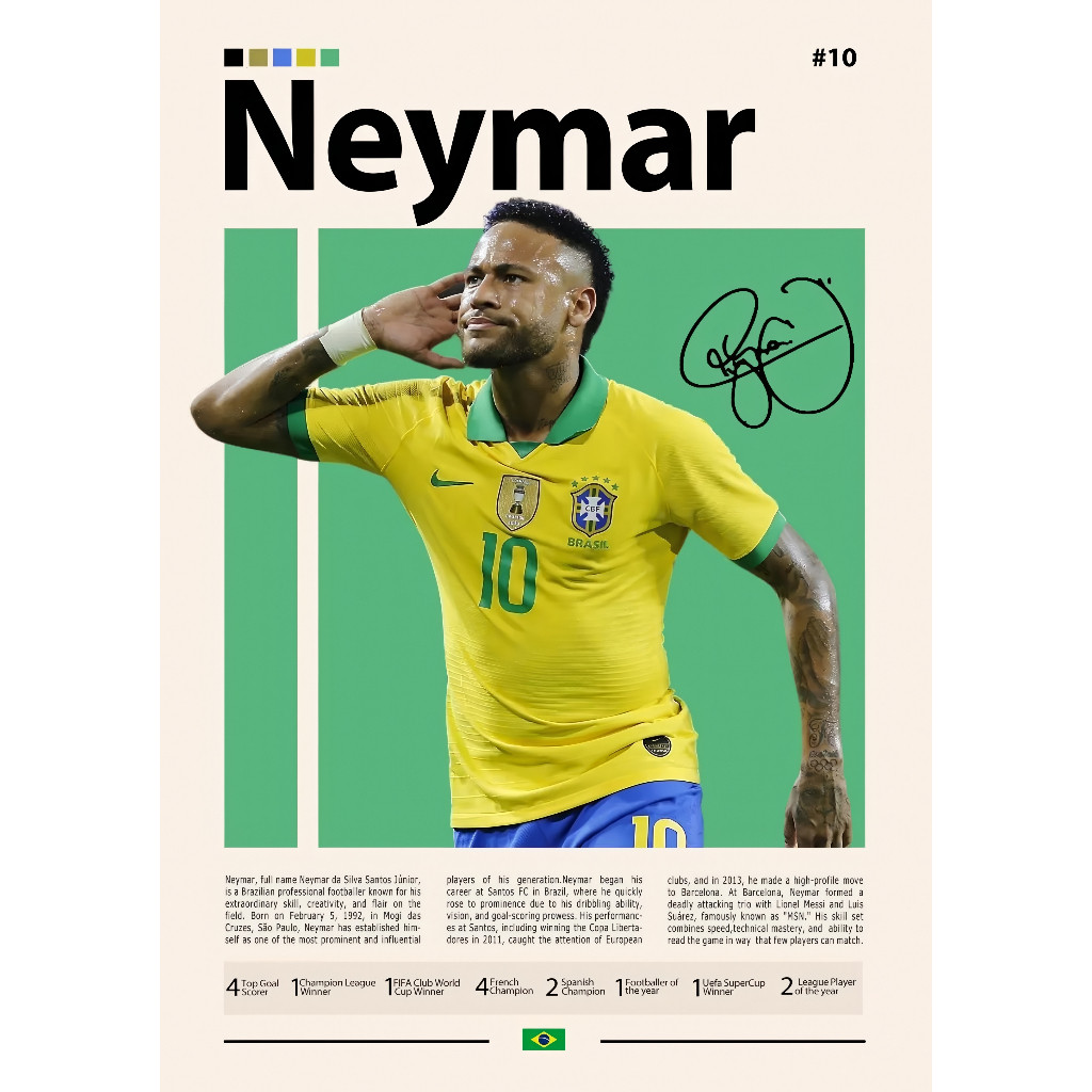 (X374) ภาพวาดติดผนังของ Player Neymar - Neymar.Jr โปสเตอร์รูปลอกฟุตบอลพร้อมกาว
