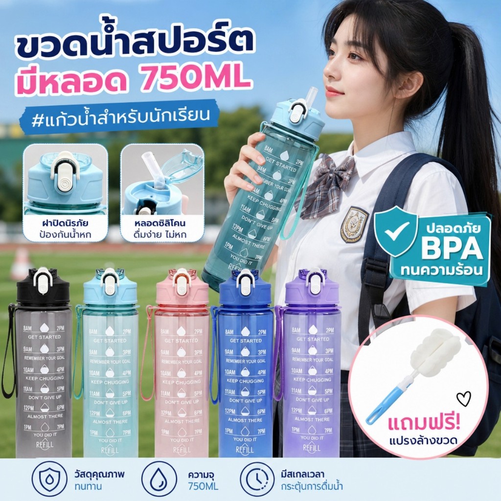 🏃ปริมาณ 750 มล. ผลิตภัณฑ์นม, ผลิตภัณฑ์แป้งที่สามารถรองรับความจุขนาดใหญ่ได้พร้อมเครื่องหมายเวลาถ้วยน้ำกีฬาพลาสติกของขวัญ