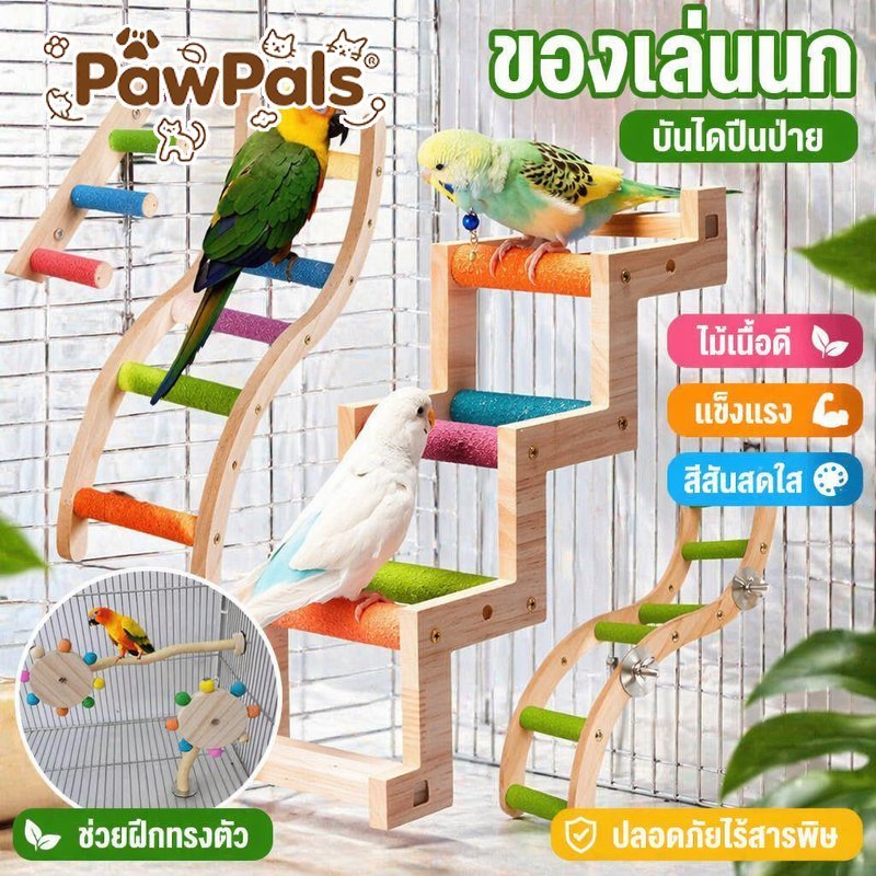 บันไดนก ของเล่นนกแก้ว ไม้หลากสี ปีนกรง ขัดเล็บ ออกกำลัง ติดตั้งในกรง สำหรับนกเล็ก