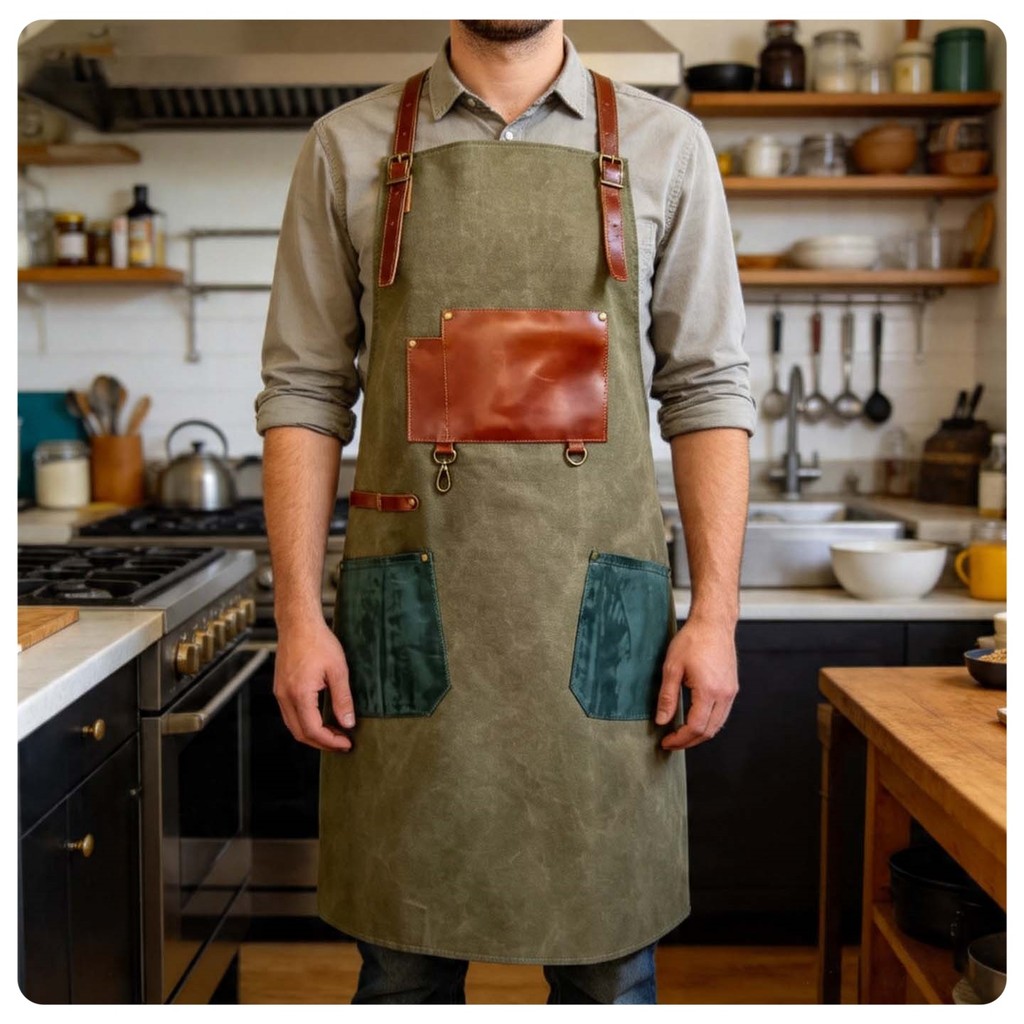 Retro Distressed Washed Canvas with Cowhide Work Apron Studio Barber Work Clothes อุปกรณ์หัตถกรรม