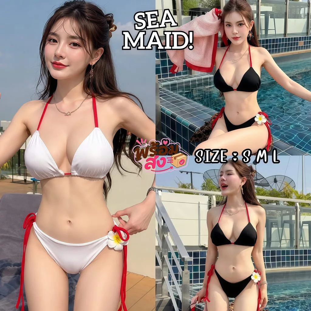 SEA MAID ชุดว่ายน้ำบิกินี่ ทูพีซ สีขาว สีดำ ผูกข้าง ใส่ทะเล 💋 มีไซส์ S-L | น้ำหนัก 38-58 กก. พร้อส่ง Y779