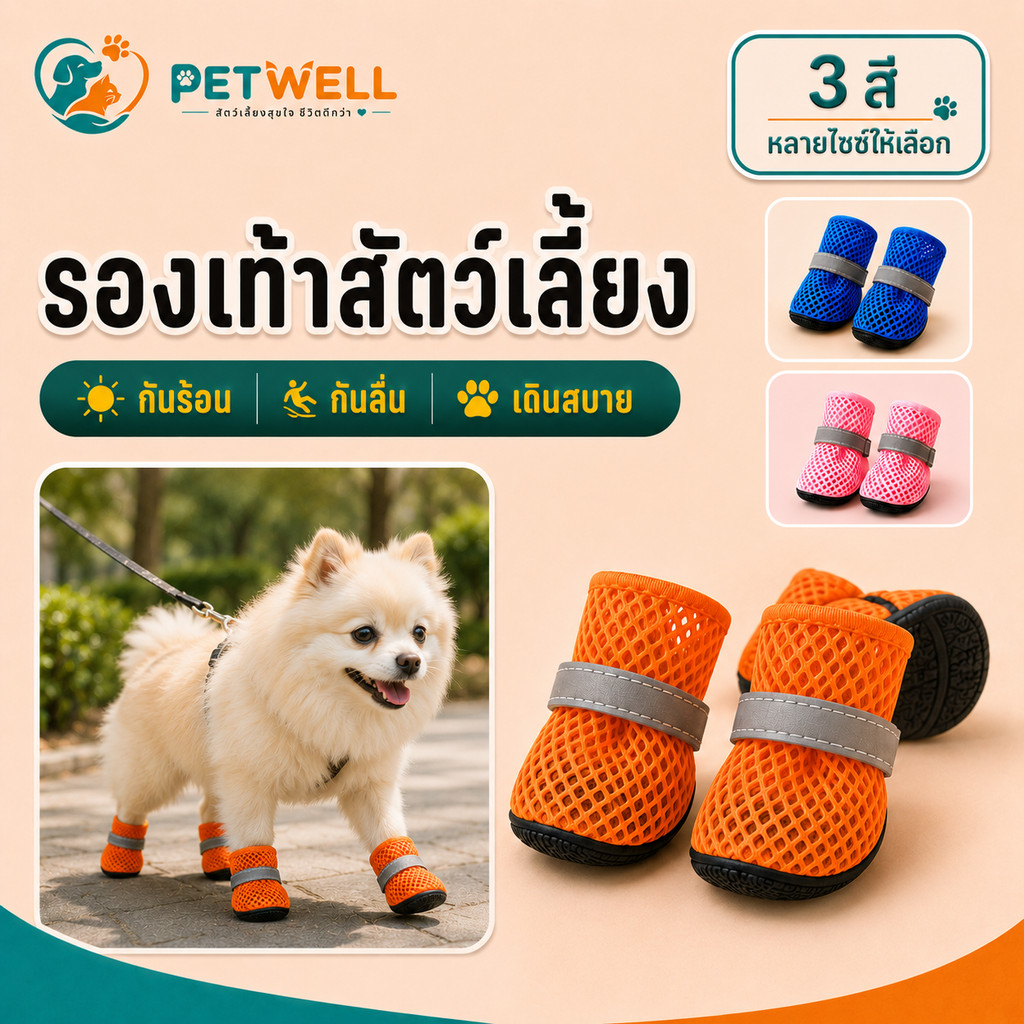 รองเท้าสุนัข PETWELL ชุด 4 ชิ้น ระบายอากาศ กันลื่น เหมาะสำหรับฤดูร้อนและกลางแจ้ง