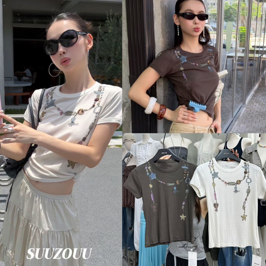 ❤ 🧵 🇰🇷 SU393 เสื้อยืดผู้หญิง ลายสร้อยลูกปัด เสื้อยืดเข้ารูป เสื้อแฟชั่นเกาหลี แฟชั่นเกาหลี TAG MM Fish 🧡