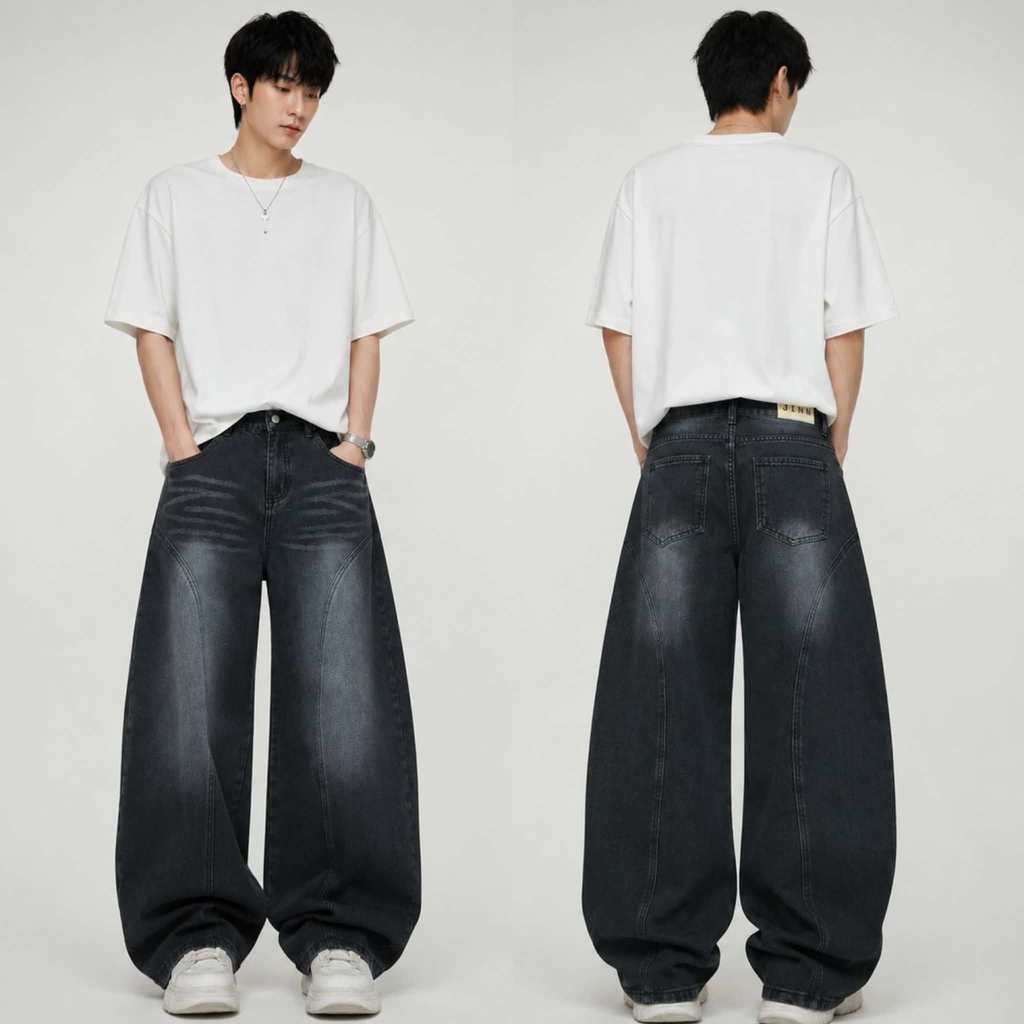 #5999 (XS-9XL) jinjeans กางเกงยีนส์ทรงบาเรล baggy กางเกงสาวอวบ กระบอกใหญ่ ขากว้าง Barel