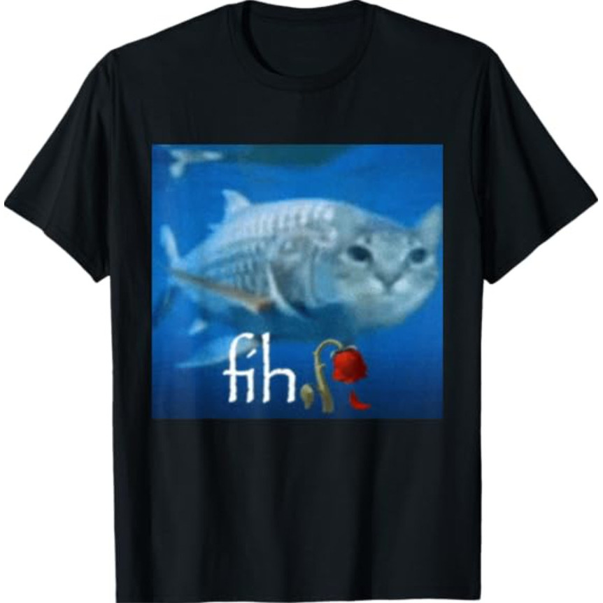 พร้อมส่ง เสื้อยืดผู้ชายลายแมวตลก Fih Meme Cat Fish แฟชั่น t-shirt ใส่สบายสุดๆ ผ้าฝ้ายแท้100%
