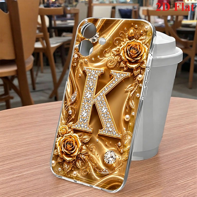 2DแบนGolden Diamond Letter K & M & Wดอกไม้เคสโทรศัพท์สําหรับMi POCO F7 X6 X7 X5 F5 M8 Pro Mi 14T 13T