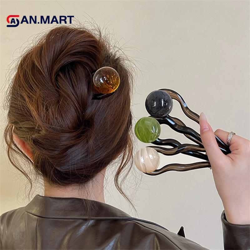 AN.MART Vintage Simple Beaded U-shaped Hairpin หญิงฤดูร้อน Marble Head Plate เครื่องประดับผม TH